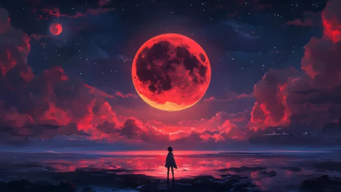 Child beneath a glowing red moon and dreaming night sky.
