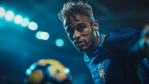 Floodlit soccer forward in blue kit tracking airborne ball