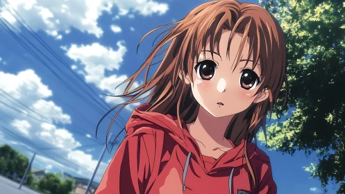 Anime girl in red hoodie walks under bright summer sky