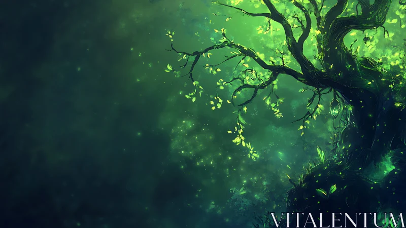 Bioluminescent forest tree rendered in ethereal green haze