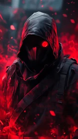 Hooded masked figure stands amid red particulate glow