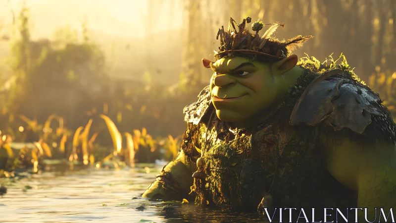 Swamp ogre warrior rendered in cinematic golden-hour lighting