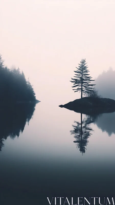 Solitary pine reflects over misty lake at dawn