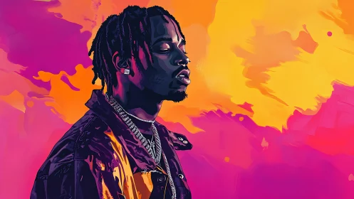 Digital portrait of man with chains on vivid gradient backdrop.