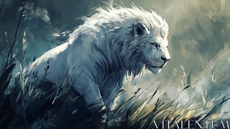 White lion strides through misty grassland in painterly light.