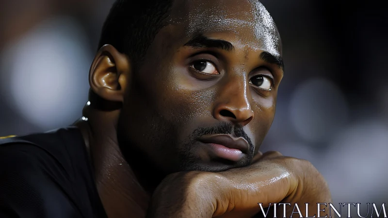 Photorealistic courtside portrait in shallow-depth chiaroscuro.