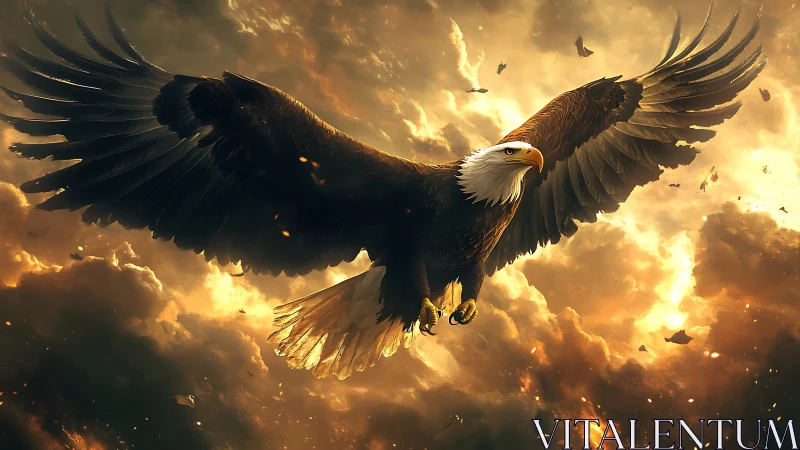 Majestic Bald Eagle Soaring in Dramatic Golden Sky Artwork.