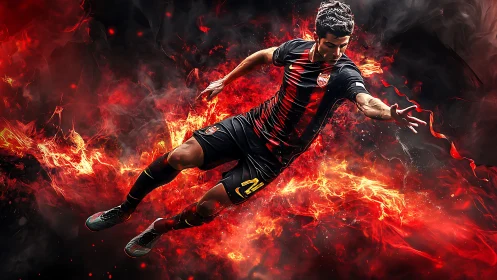 Football player in midair with stylized red flame backdrop.