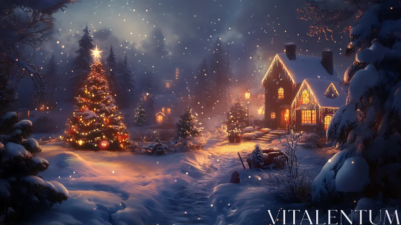 Cozy winter cottage glowing beside a sparkling Christmas tree.