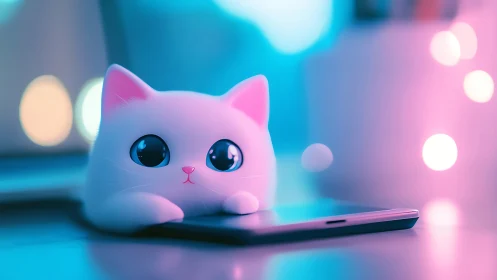 Luminous Synthetic White Feline Character With Hyperrealistic Rendering And Neon Chromatic Ambient L