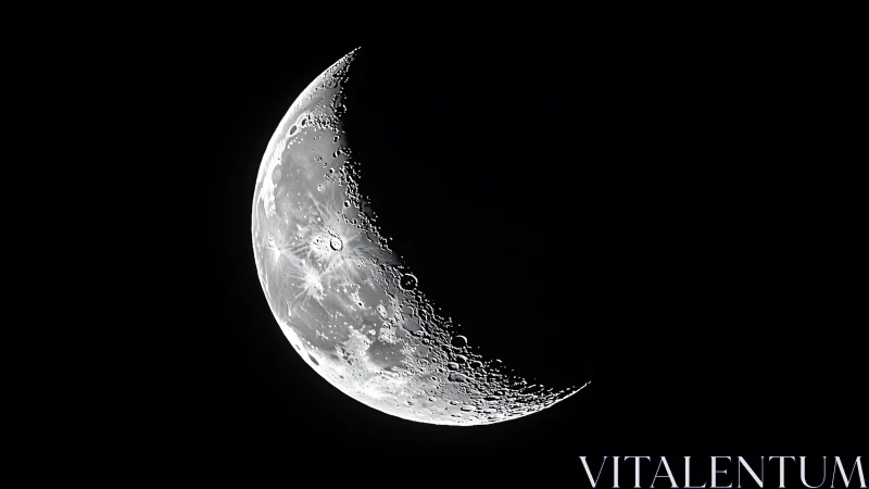 Crescent moon close-up with sharp crater detail in space.