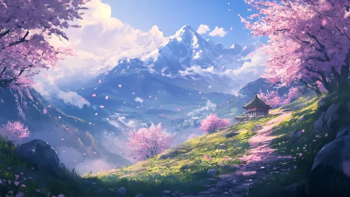 Cherry blossoms frame tranquil temple beneath snowy peak