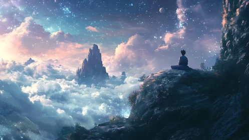 Stargazer resting above glowing clouds and distant spires.