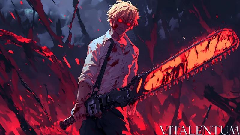 Bloodlit chainsaw slayer carves fury through infernal dusk.