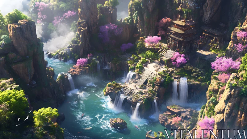 Hidden temple above turquoise falls in a cherry blossom gorge.