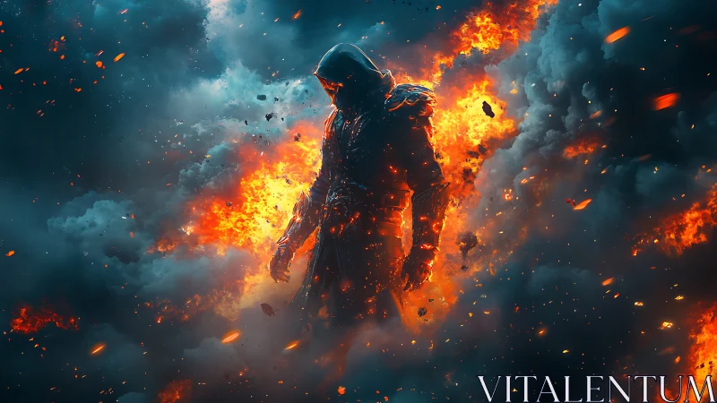 Hooded human figure stands amid dense fire and smoke