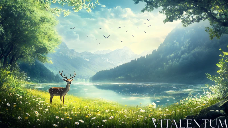 Sunlit stag pauses while mountains hum beside the lake