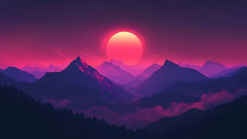 Neon sun drifting above dream-soaked violet mountainscape.