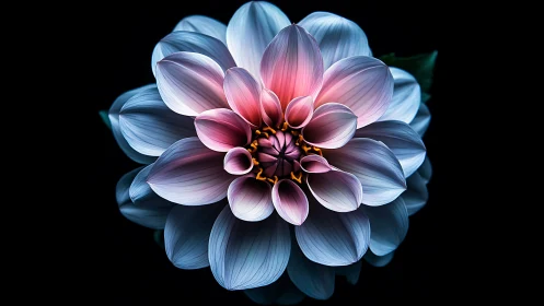 Blue and Pink Dahlia Bloom Against Black Background.