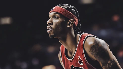 Focused basketball player in red jersey ready for action.