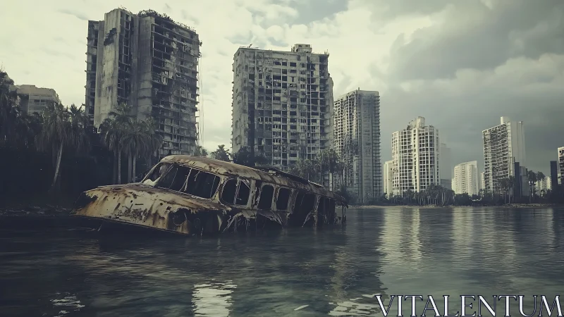 Rust-sunk bus and quiet ruins beneath brooding city skies.