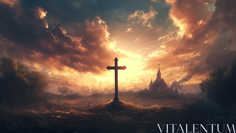 Sunlit cross and distant church in a gentle glowing sky.