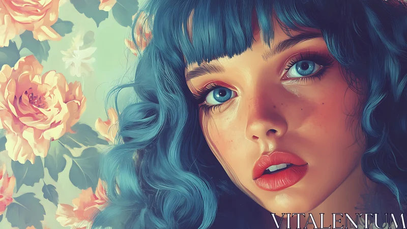 Digital portrait of blue haired woman with floral backdrop