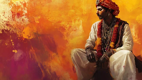 Sunlit storyteller in marigold hues and swirling color storm.