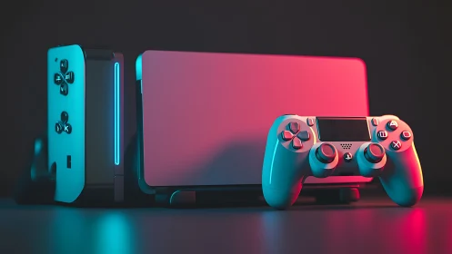 Neon console trio lounges in dreamy cyan and magenta glow