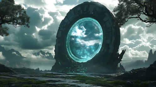 Cylindrical quantum gate embedded in mist-laden valley horizon.