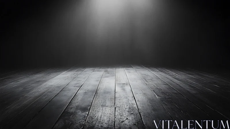 Spotlit empty wooden stage in dramatic chiaroscuro light.