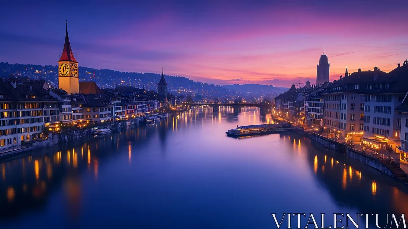 Twilight river hush lets clocktowers whisper across Zurich