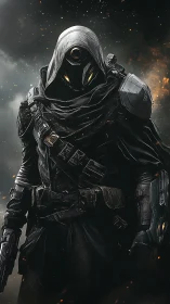 Hooded armored sci fi soldier stands in smoky battlefield
