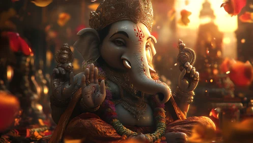 Radiant Ganesha idol glows in warm temple prayer light