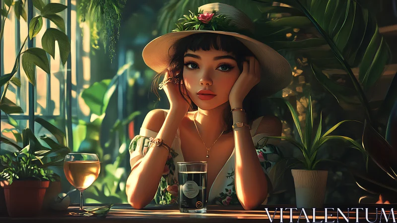 Woman sits at garden caf&eacute; table surrounded by lush plants