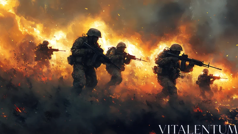 Combat soldiers advancing through intense fire and explosions.
