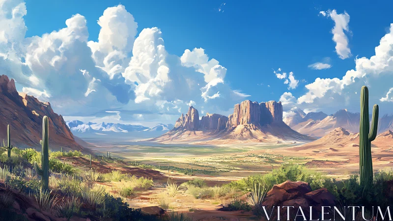 Vast desert valley with cacti and distant sandstone cliffs.