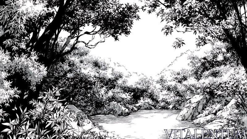 Monochromatic Riverside Landscape: Ink Drawing with Tonal Depth.