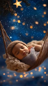 Newborn sleeps in knitted hammock under glowing starry bokeh.