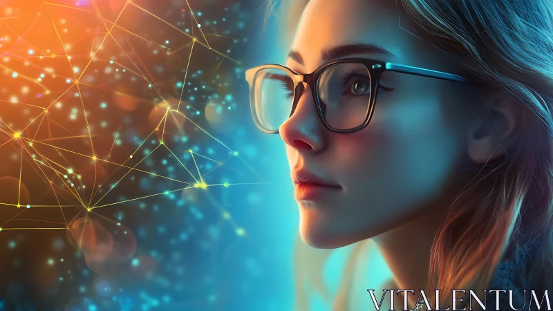 Rendered profile of woman with glasses facing network graphic