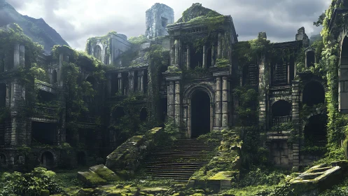 Overgrown stone ruin with grand arches and stairways.
