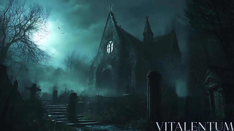 Old stone church in misty night graveyard landscape.