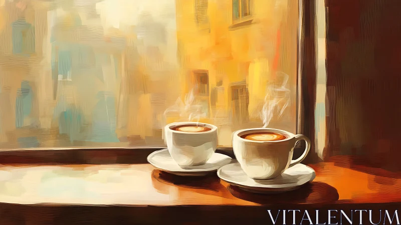 Two steaming coffee cups sit on a sunlit wooden windowsill