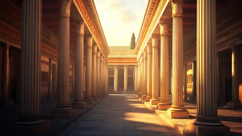 Colonnaded Roman courtyard rendered with low-angle warm sunlight