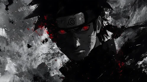 Intense shinobi portrait in high-contrast monochrome palette.