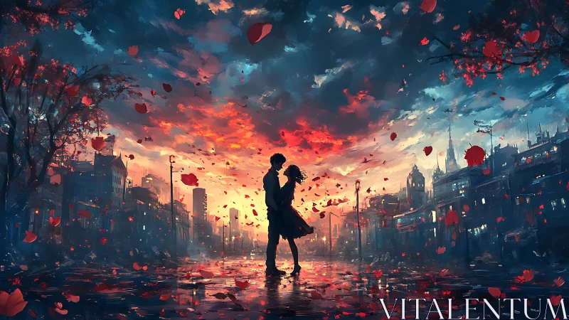 Silhouetted couple embraces amid falling red petals beneath burning sunset cityscape.