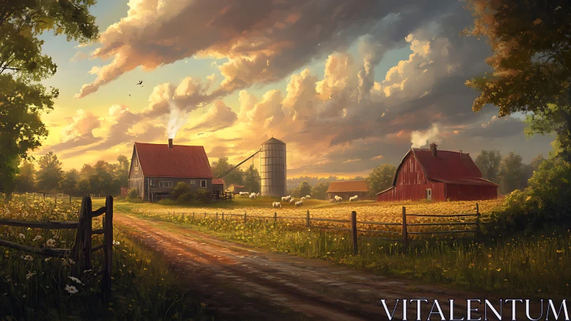 Golden sunset light washes over tranquil country farmstead.