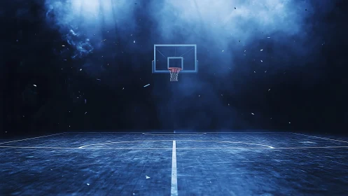 Midnight basketball court waits quietly under smoky blue light