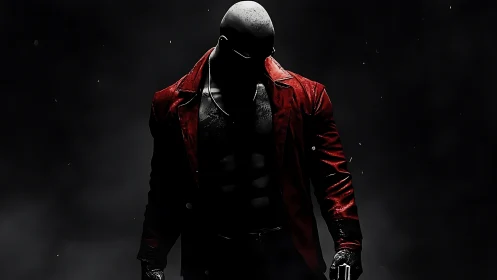 Silhouetted antihero in red coat emerges from shadowed gloom