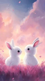 Soft white bunnies gaze under pastel evening sky.